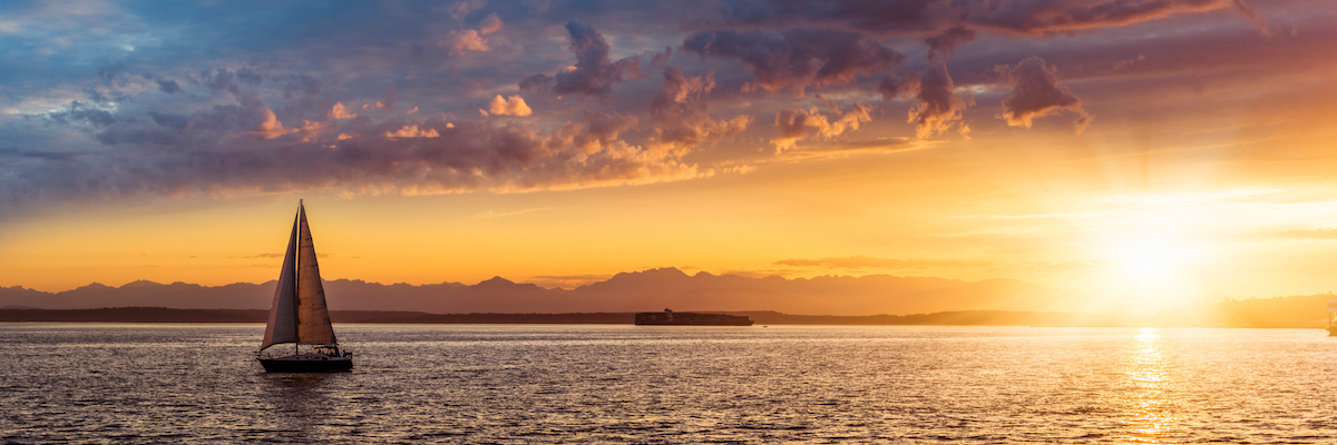 Sailboat on Elliott Bay in sunset, Seattle, WA, USA | Isolation Inspiration | Snag-A-Slip